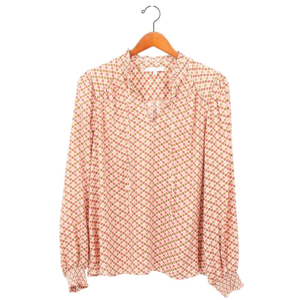 Maison d'Amélie Pink Geometric Print Satin Ruffle Collar Tie V-neck Blouse Top L